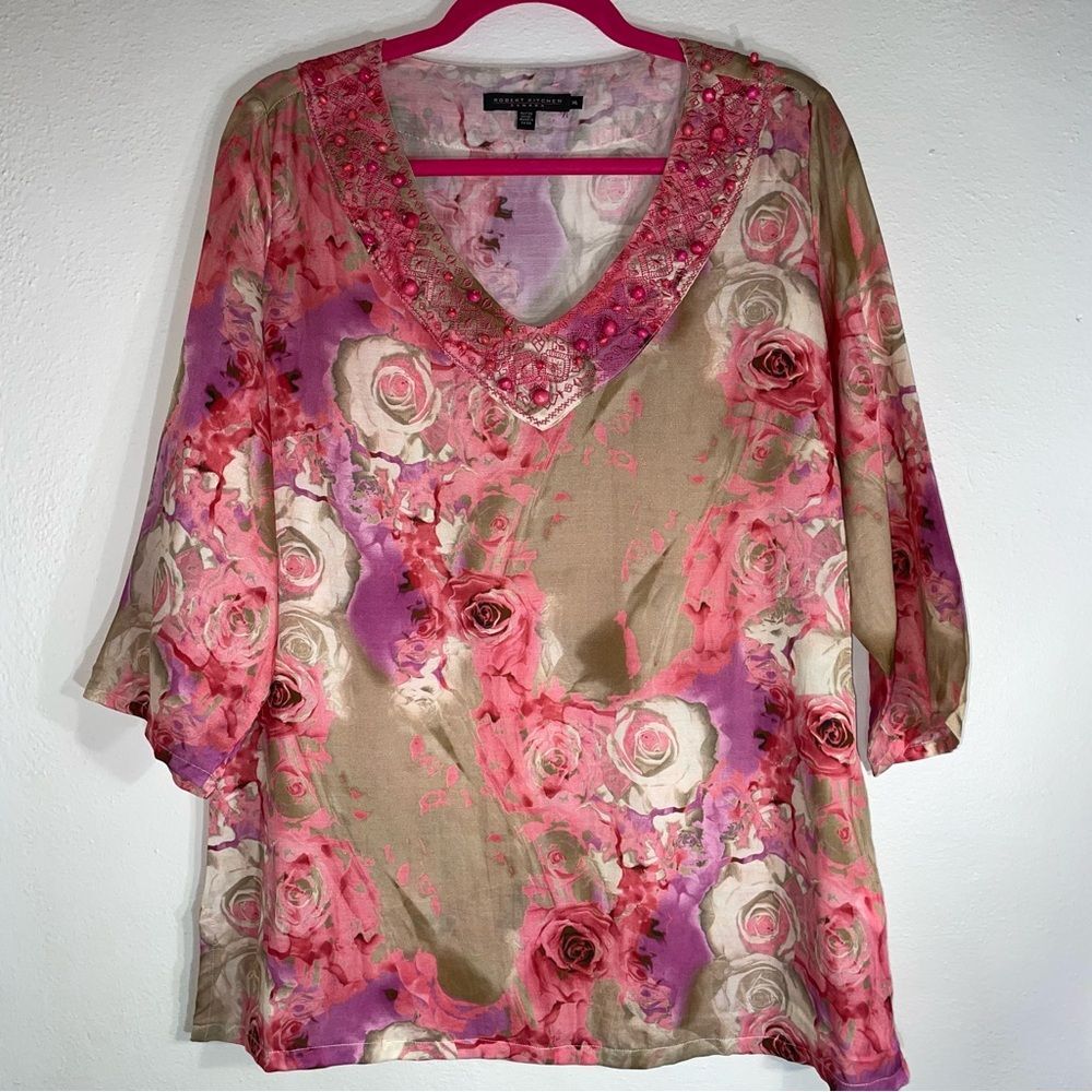 Robert Kitchen XL Blouse Cotton Silk Blend 3/4 Sleeve Rose Floral Tunic